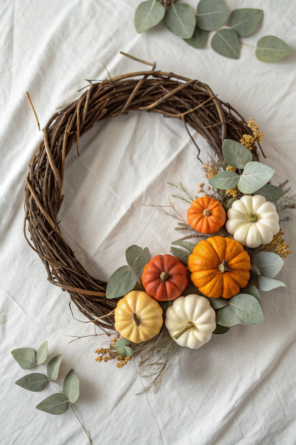 Chic autumn vibes: a mini gourd wreath with bold colors and handcrafted charm.
