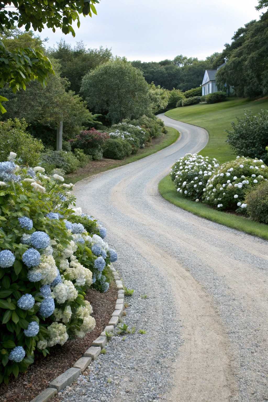 A graceful curved driveway lined with hydrangeas—where elegance meets natural charm.