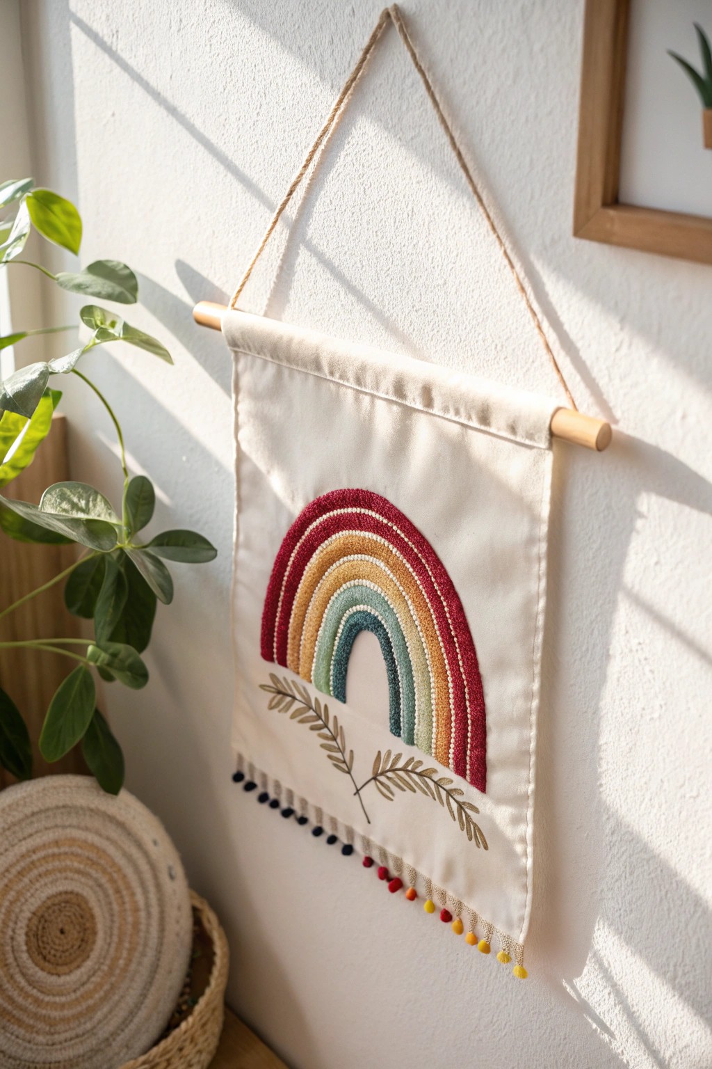 Bring joy to your space with a handcrafted rainbow embroidery wall flag—bold colors meet minimalist charm.