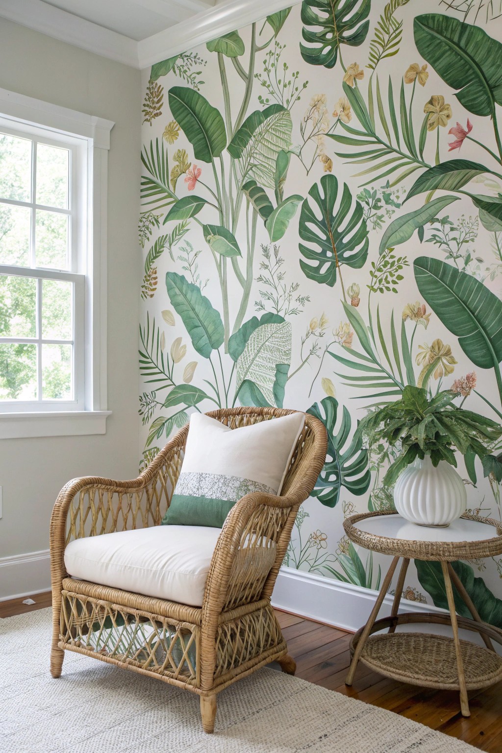 Let bold botanical wallpaper transform your family room into a natural retreat.