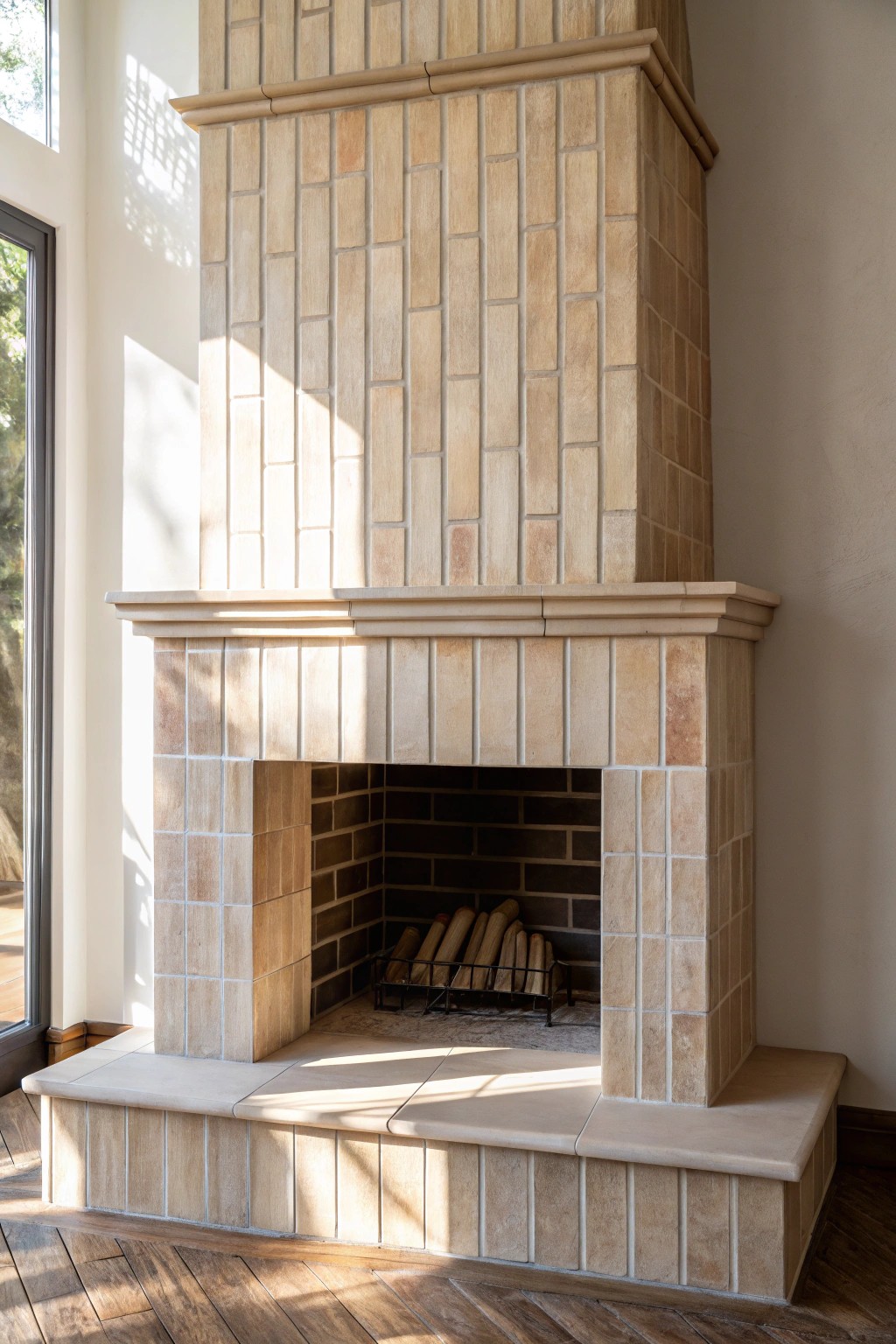 Elevate your space with vertical fireplace tiles—simple, stunning, and full of natural charm.