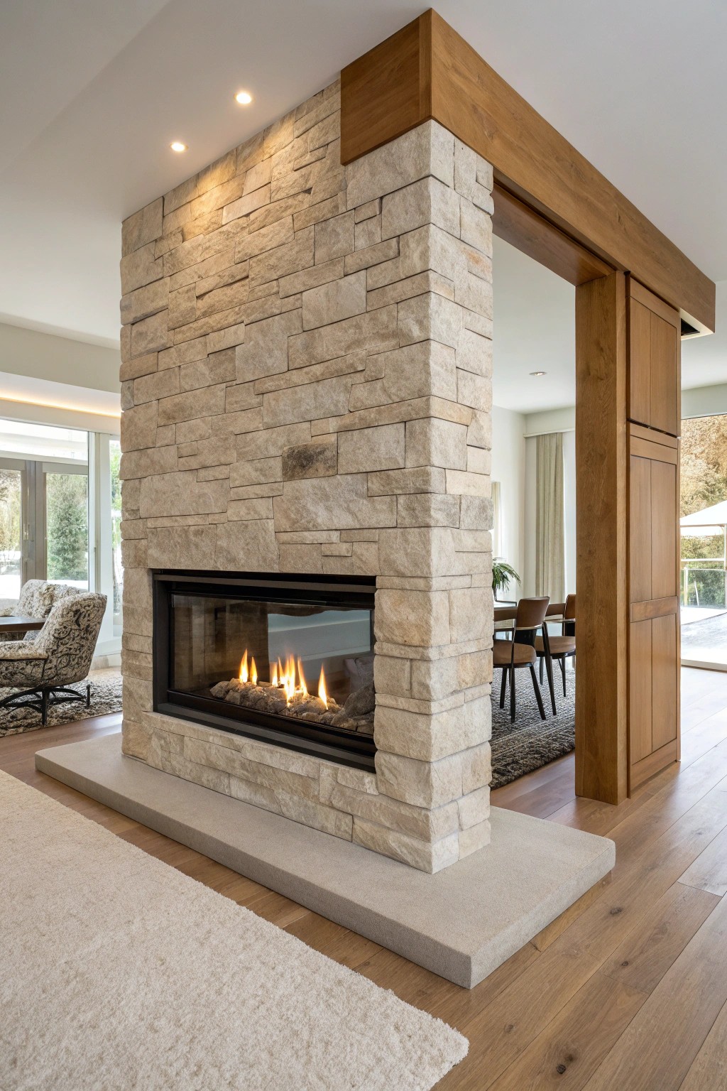 Effortless elegance: a double-sided fireplace wall connects warmth and style.