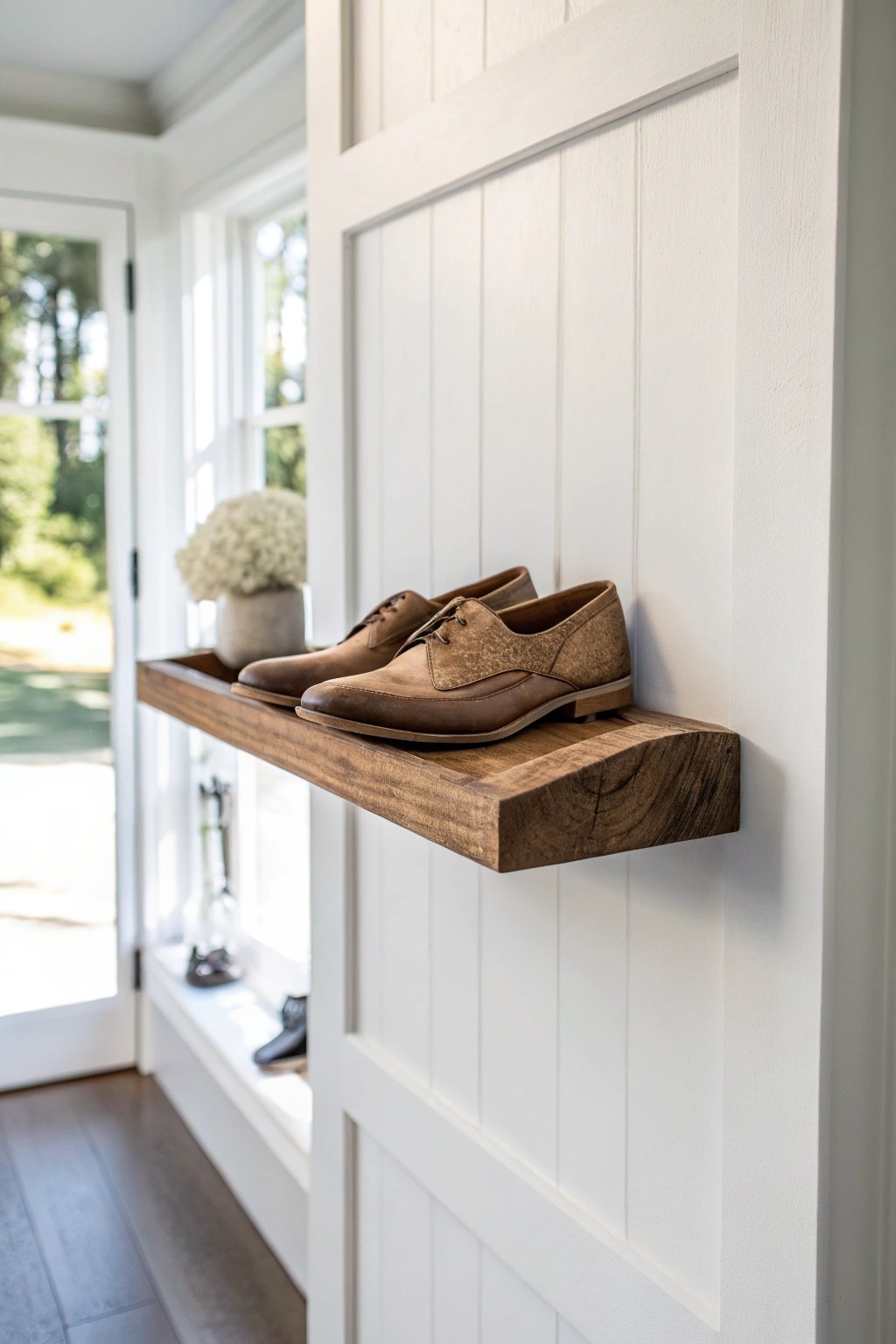 Turn your entryway into a boutique with a floating shelf shoe display.