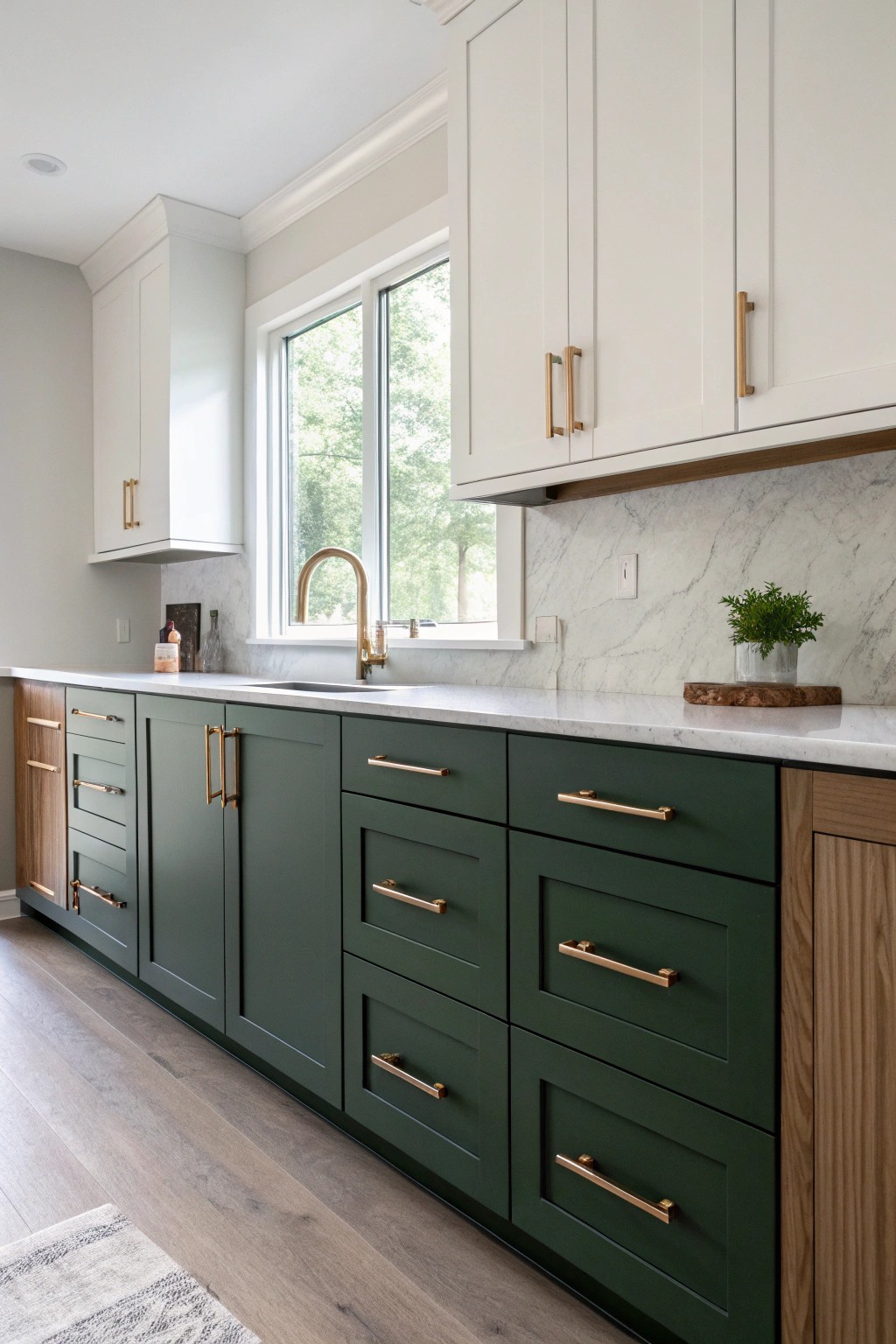 Elevate your galley kitchen with the timeless beauty of two-toned cabinets.