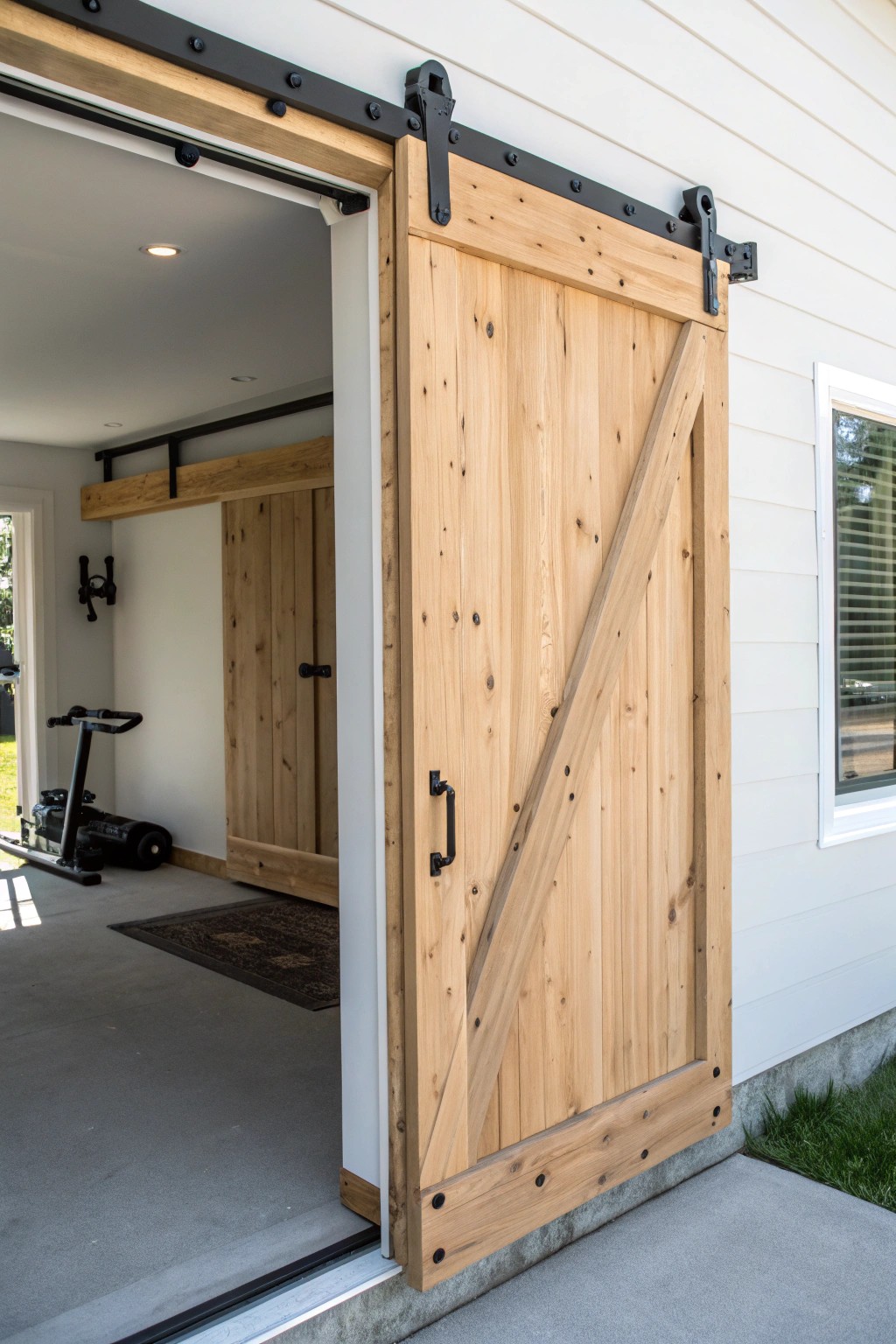 Elevate your garage gym with a stunning sliding barn door—where simplicity meets craftsmanship.