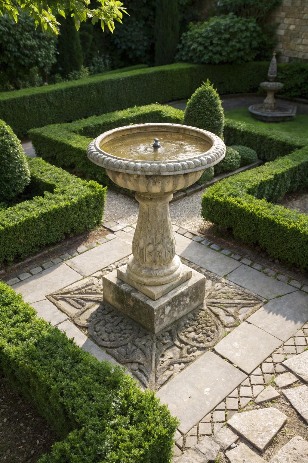 Elegant symmetry: a central stone birdbath anchors this timeless formal garden design.
