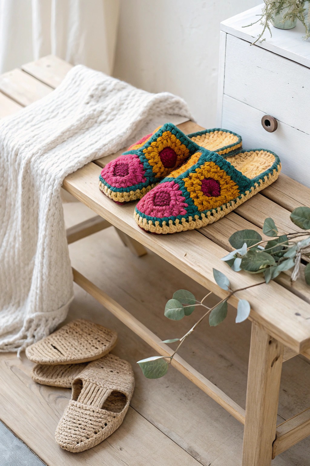 Step into comfort: Handcrafted granny square slippers for cozy, colorful mornings.