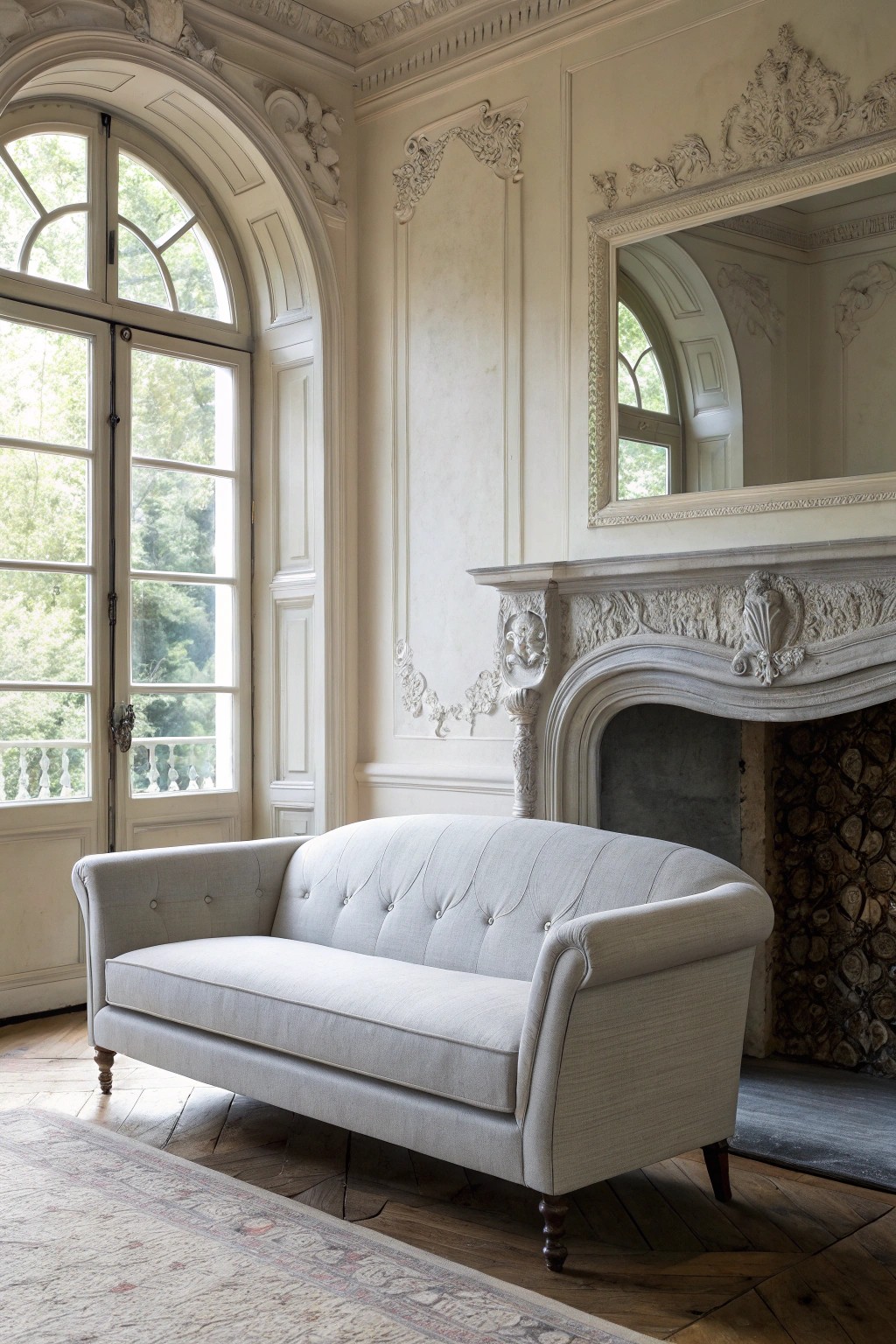 Let your grey sofa highlight timeless architectural charm.