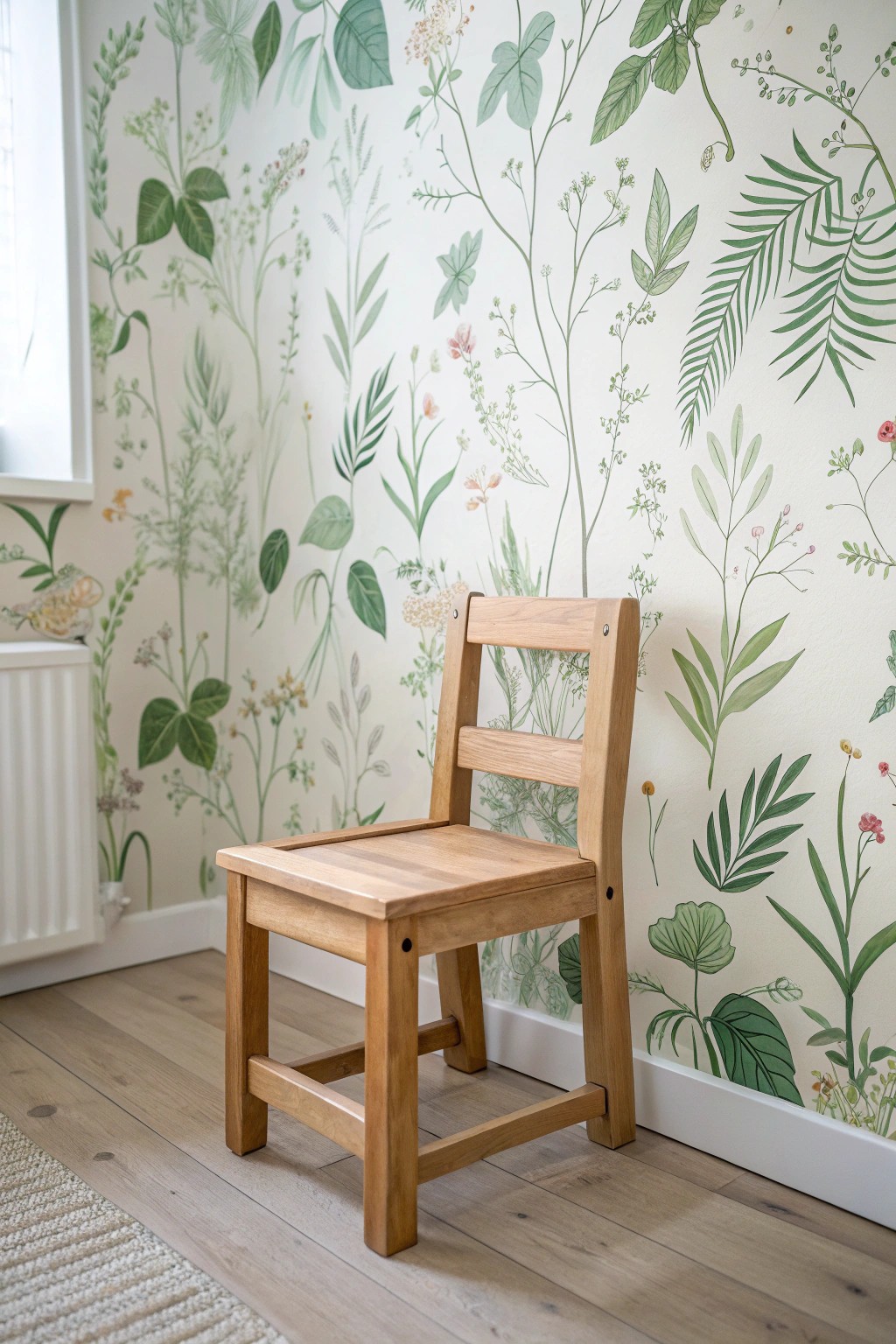 A timeless wooden chair stands out against bold, botanical wallpaper—simple beauty for inspired kids’ spaces.