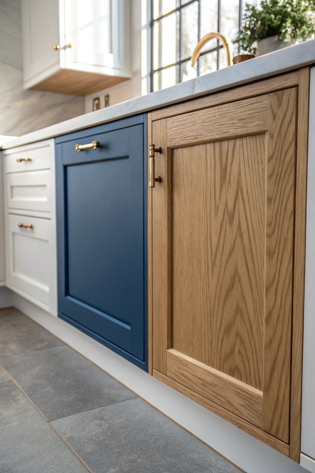 Chic two-tone cabinet: deep blue meets fresh white for a stylish kitchen upgrade.