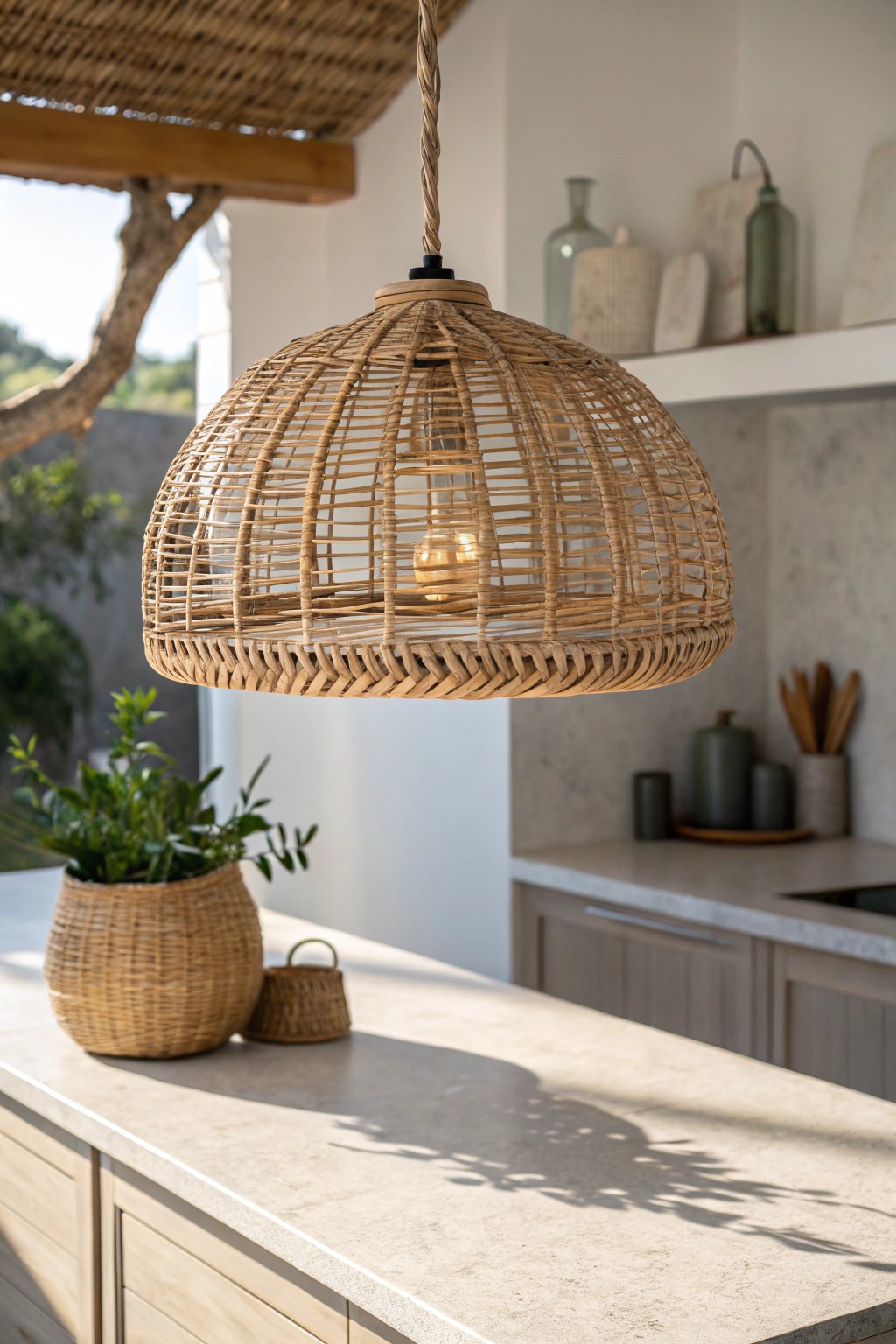 Elevate your kitchen with the natural beauty of a woven rattan pendant.
