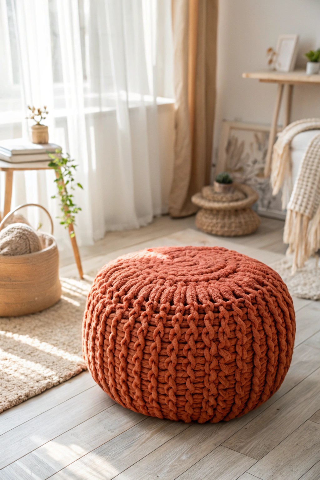 Hand-knit chunky poufs: where comfort meets Scandinavian style.