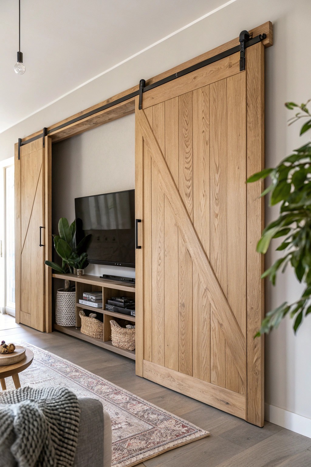 Effortless elegance: a handcrafted sliding panel conceals your TV with style.