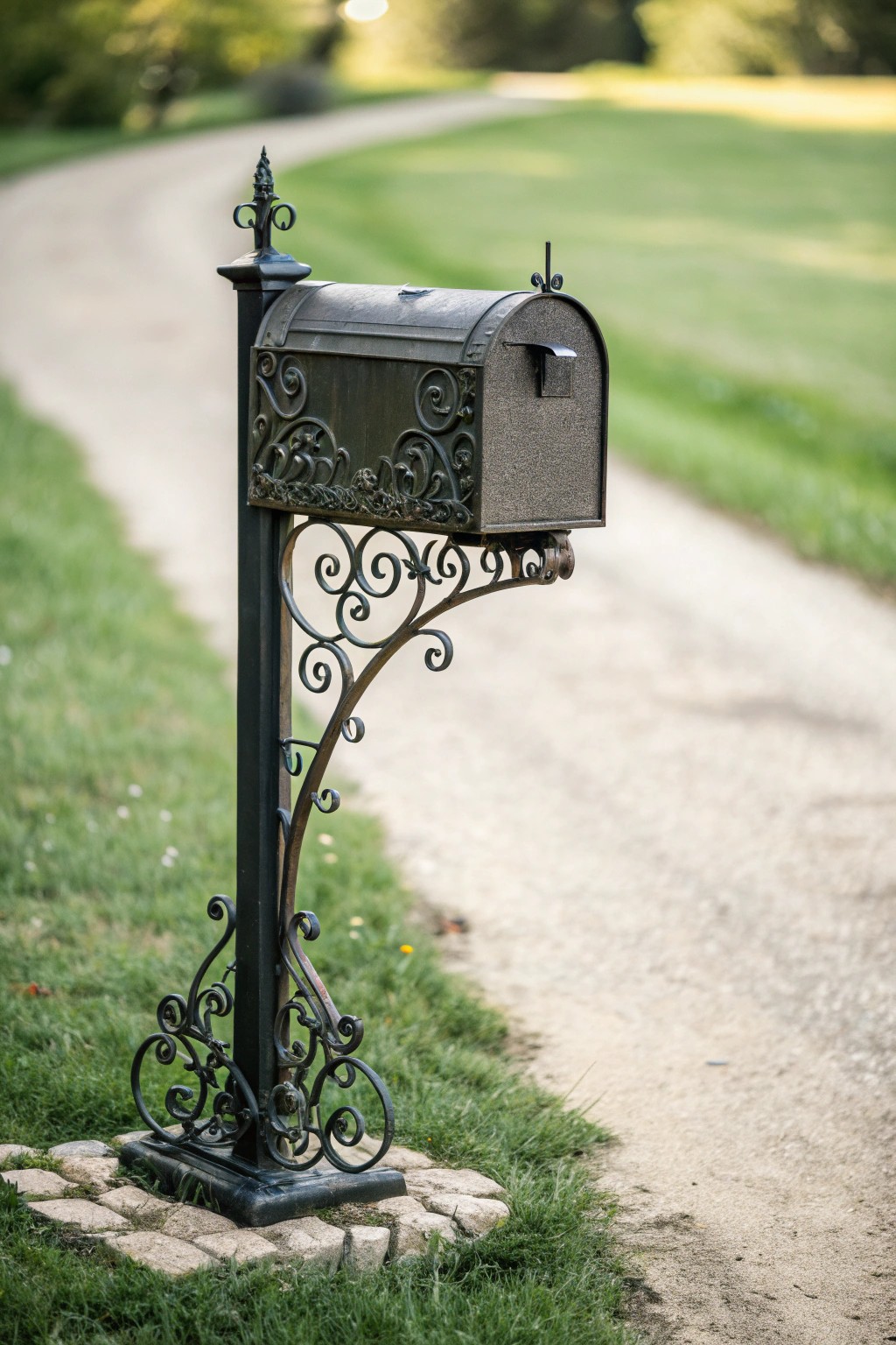 Old-world charm: a wrought iron mailbox post with graceful scrollwork.