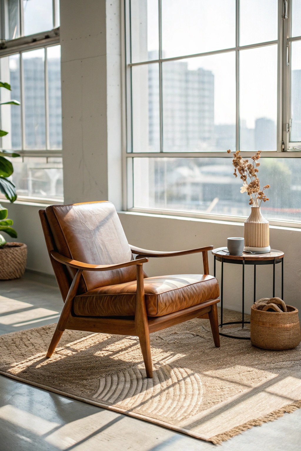 Create a serene lounge corner with a timeless mid-century chair—your perfect spot to relax or recharge at the office.