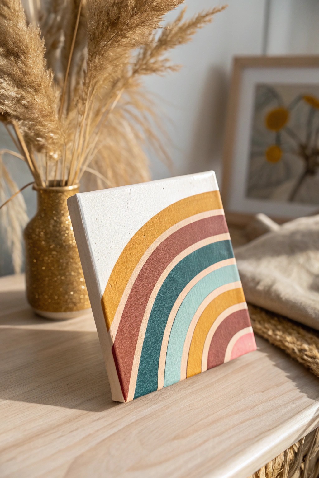 Elevate your space with a minimalist rainbow wave mini canvas—where Scandinavian simplicity meets Boho color pop.