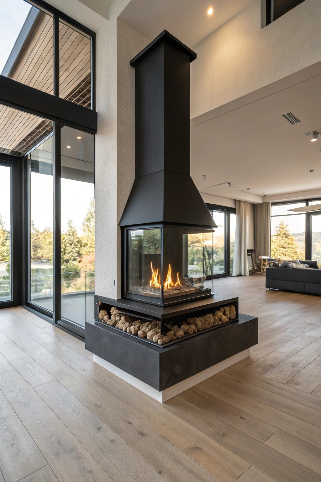 A three-sided panoramic fireplace—elegance from every angle.
