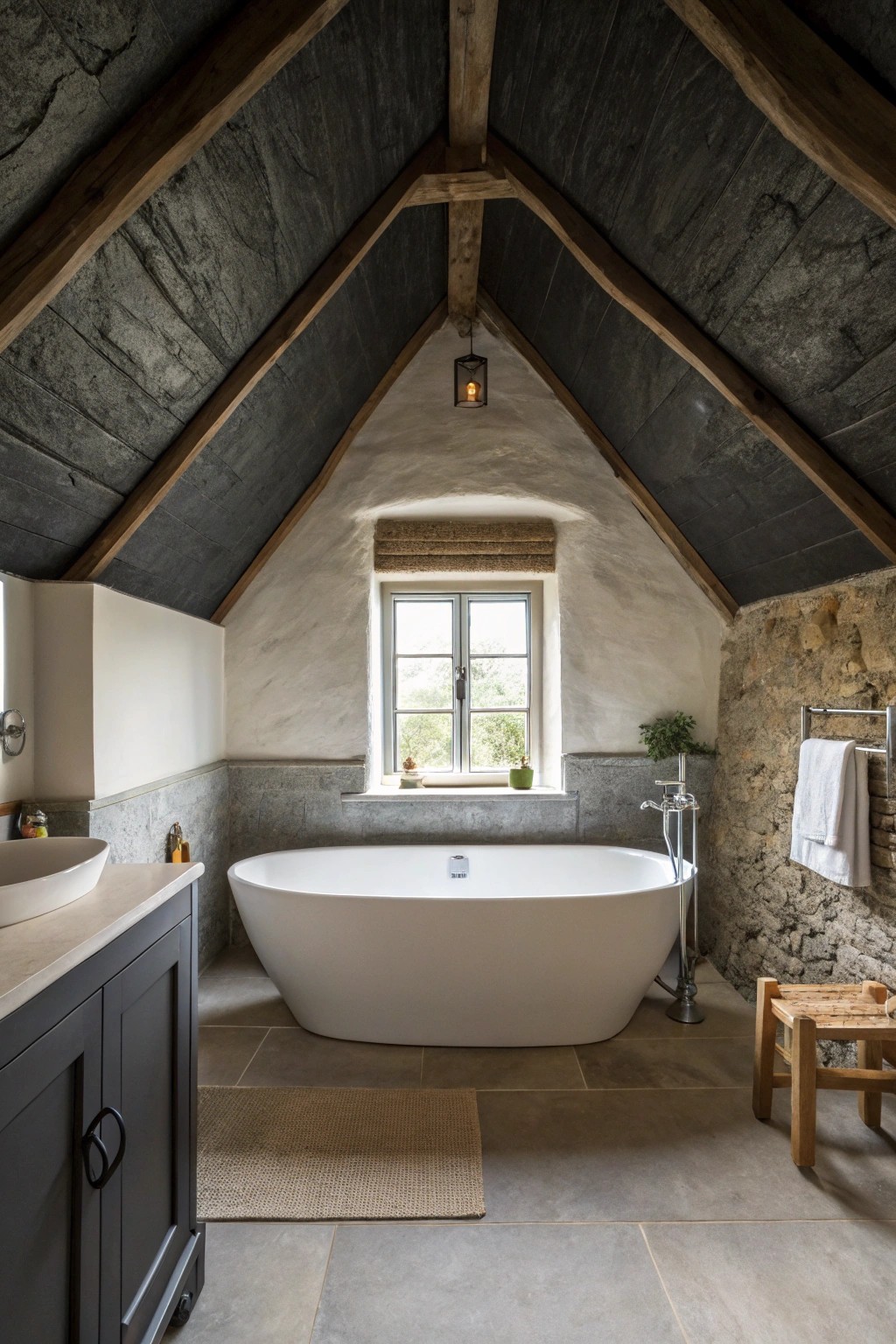 Embrace a cozy retreat—dark ceilings make your bathroom feel like a serene escape.