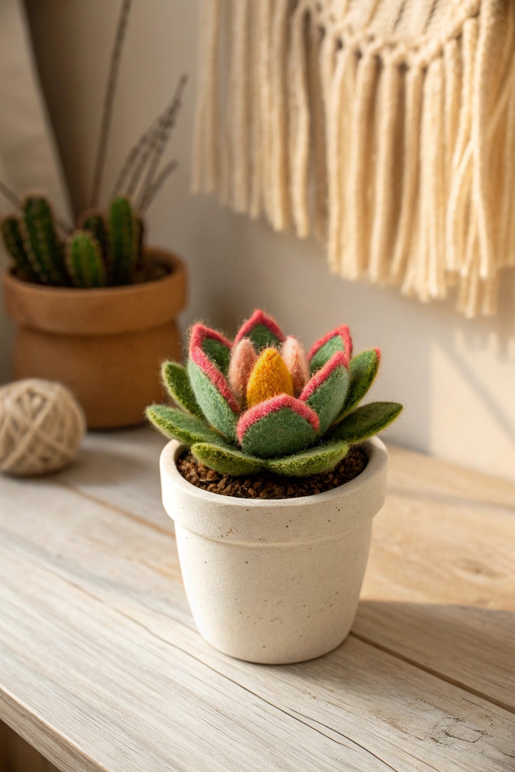 A bold felted succulent brings playful, handcrafted charm to minimalist spaces.