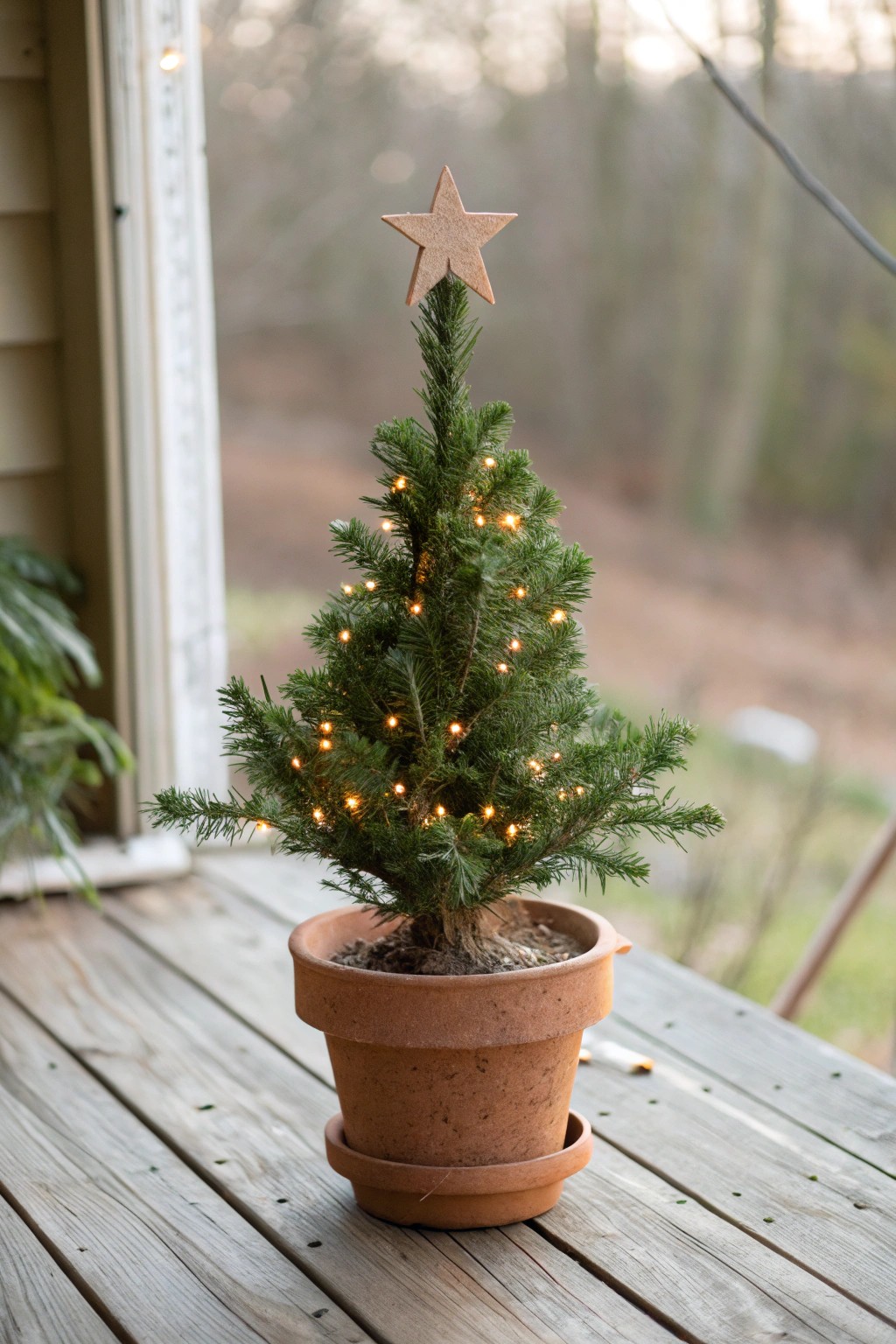Simple holiday magic: a handcrafted potted mini Christmas tree glowing with fairy lights.