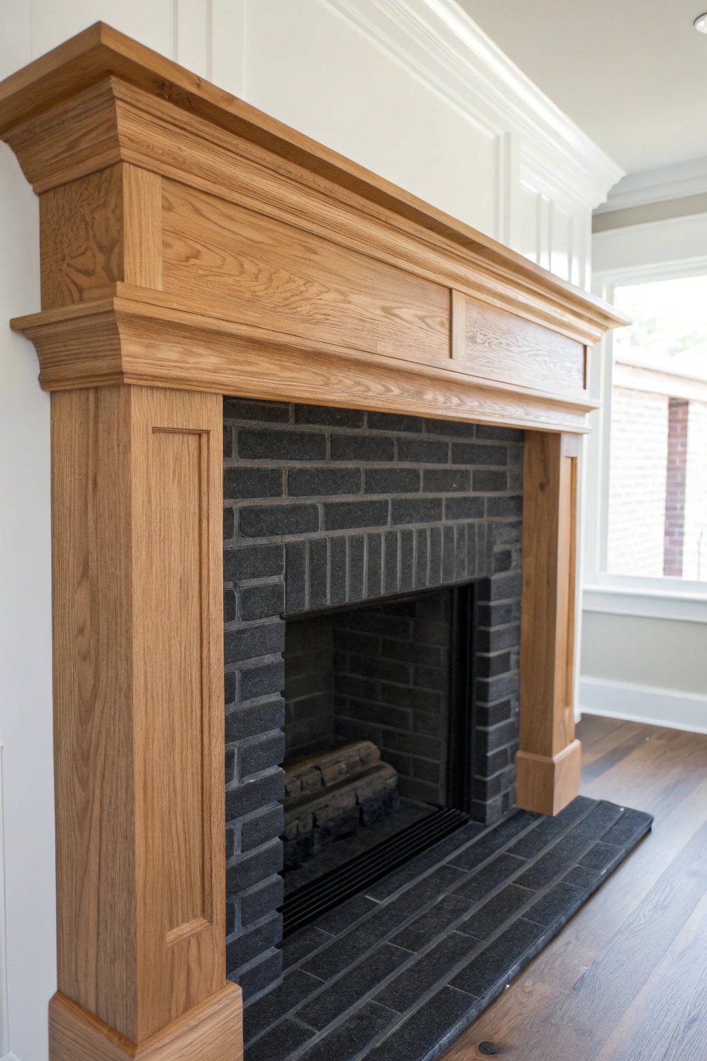 Elevate your space: A light oak mantel on dark painted brick for timeless contrast and artisan charm.