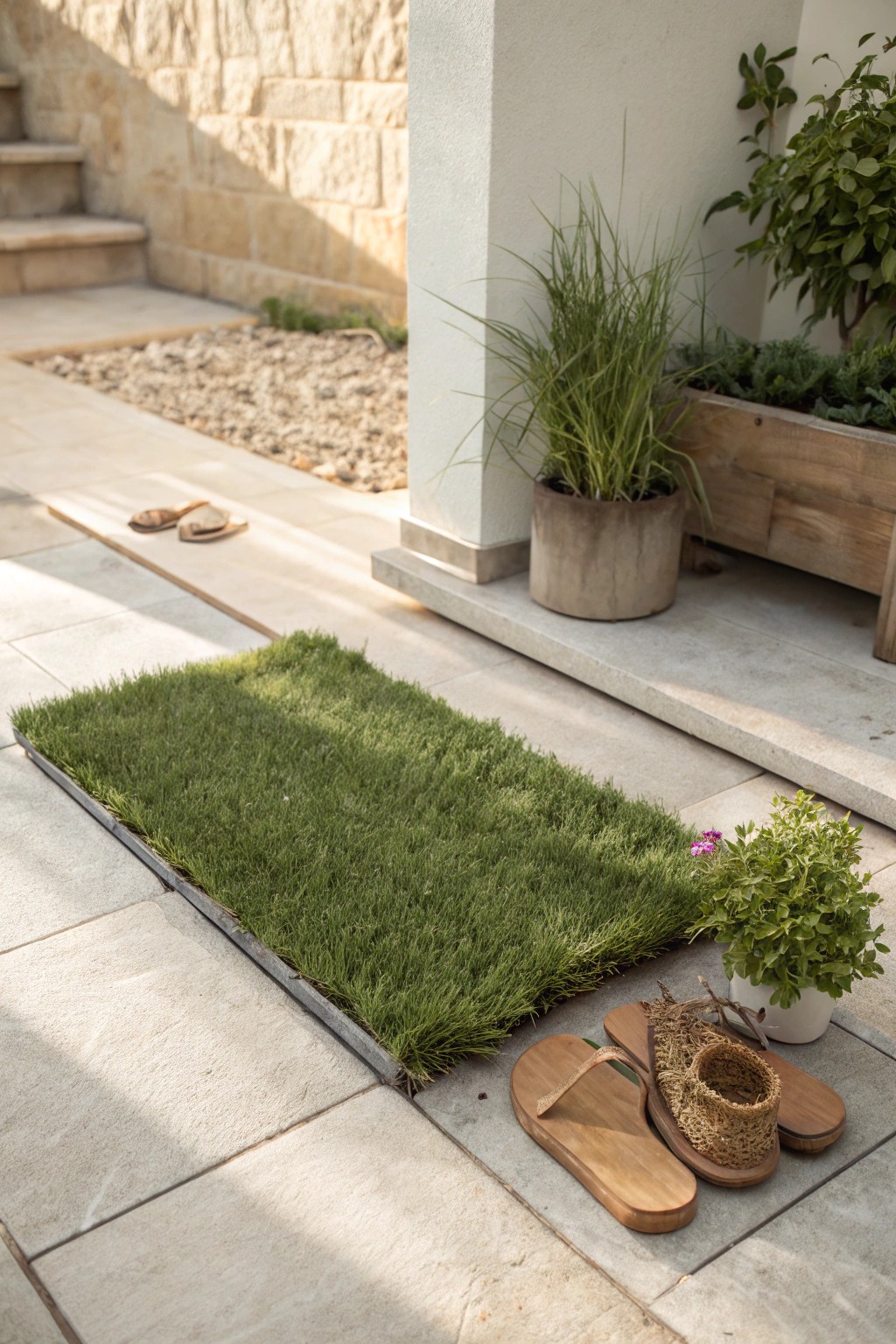 A touch of green—easy, beautiful faux grass transforms your patio oasis.