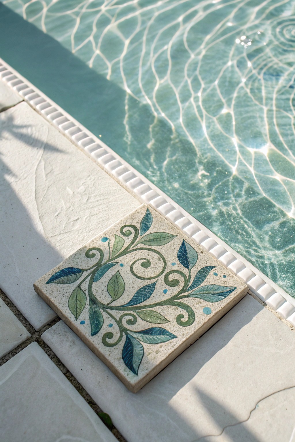 A single, artfully crafted leaf mosaic brings subtle elegance to your pool.