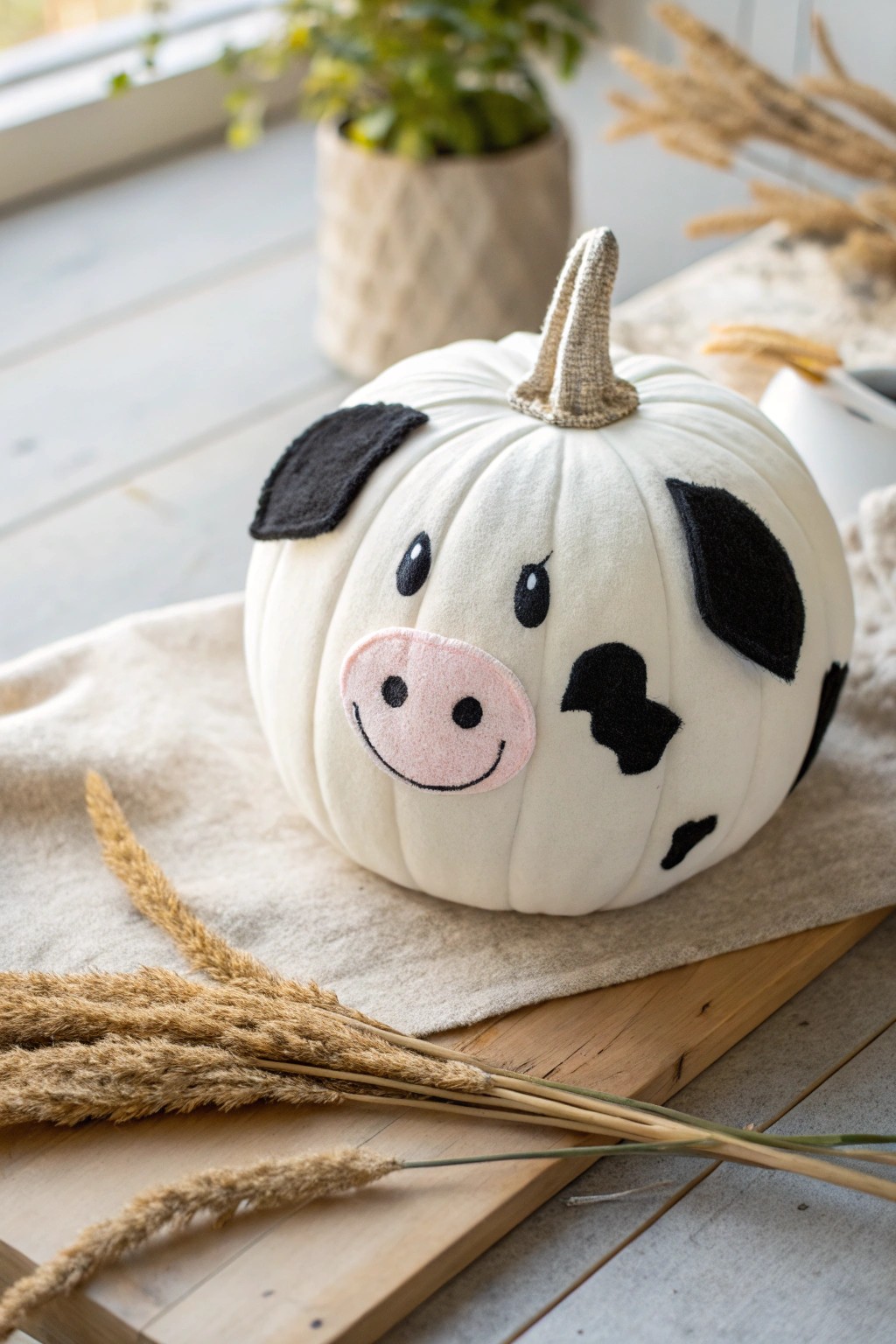 Chic Scandinavian-inspired cow pumpkin—playful, handcrafted, and perfect for your next decorating contest!