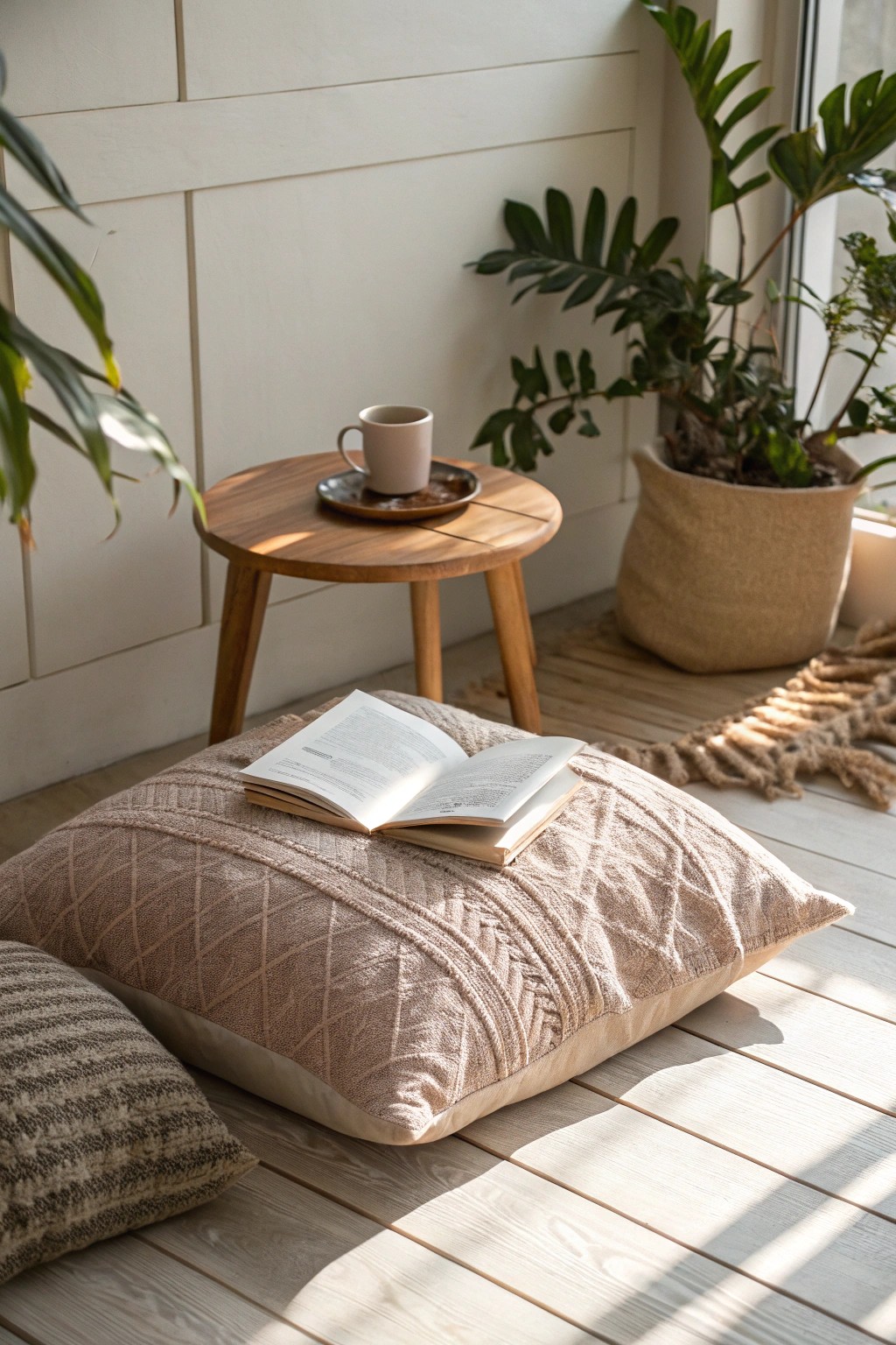 Create your own cozy oasis with layered floor pillows and natural textures.