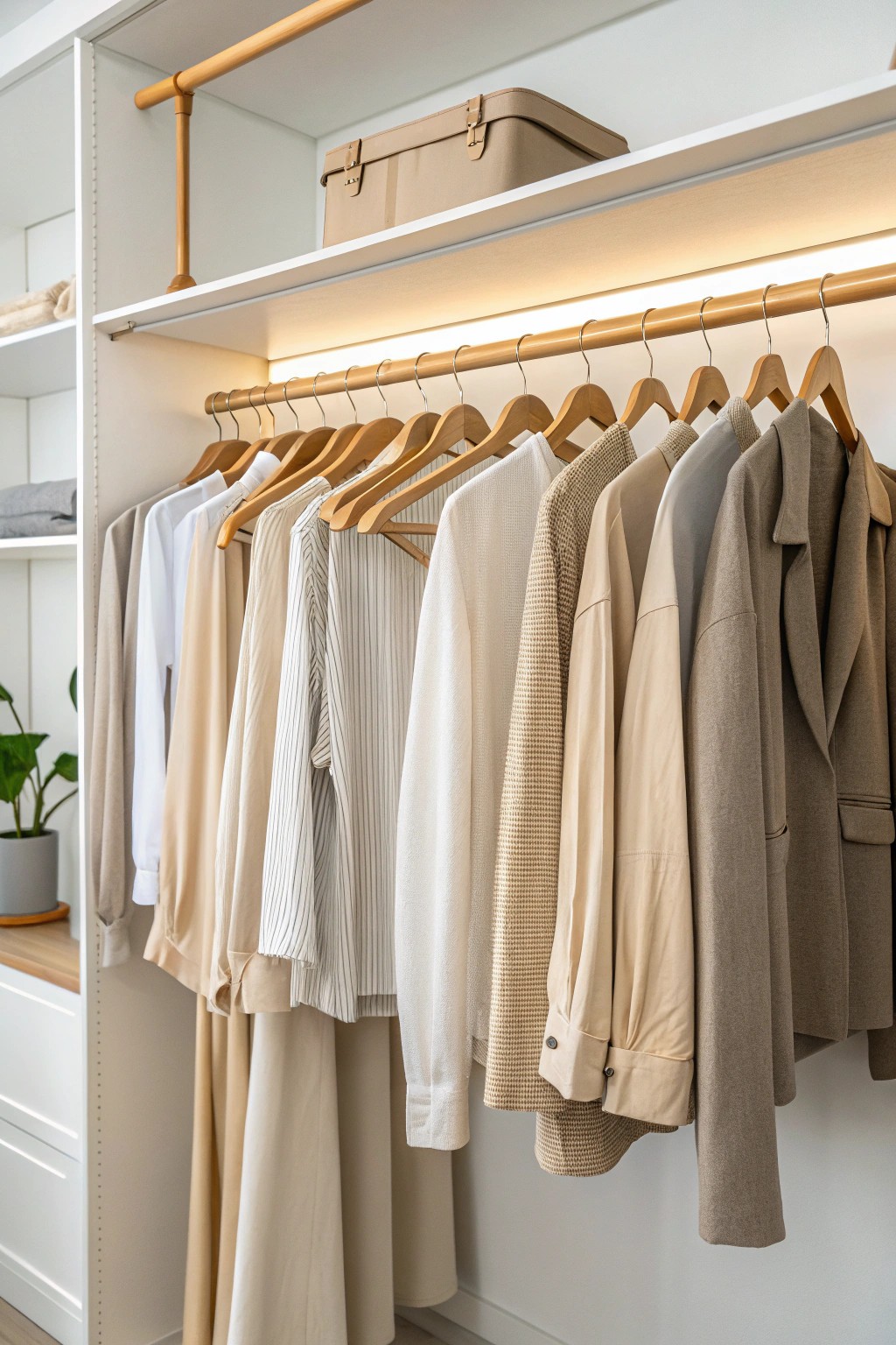 Double your closet space with natural wood rods—simple, elegant, organized.