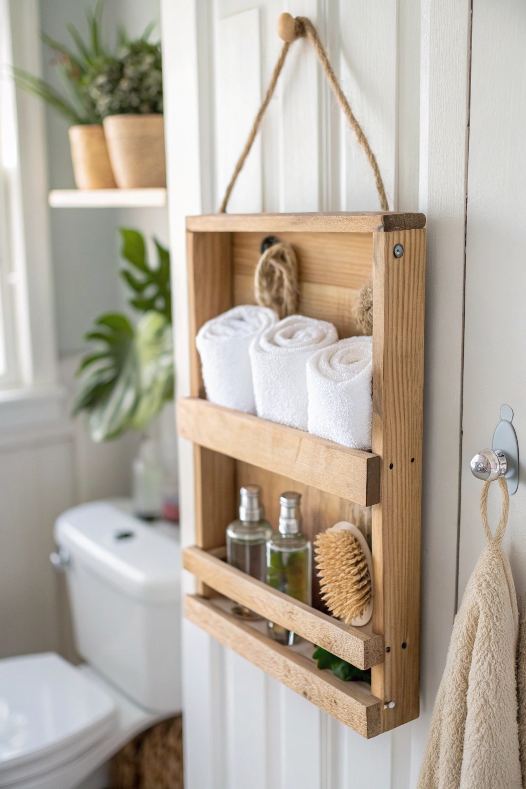 Stylish simplicity: Make the most of your bathroom door with a natural wood organizer.