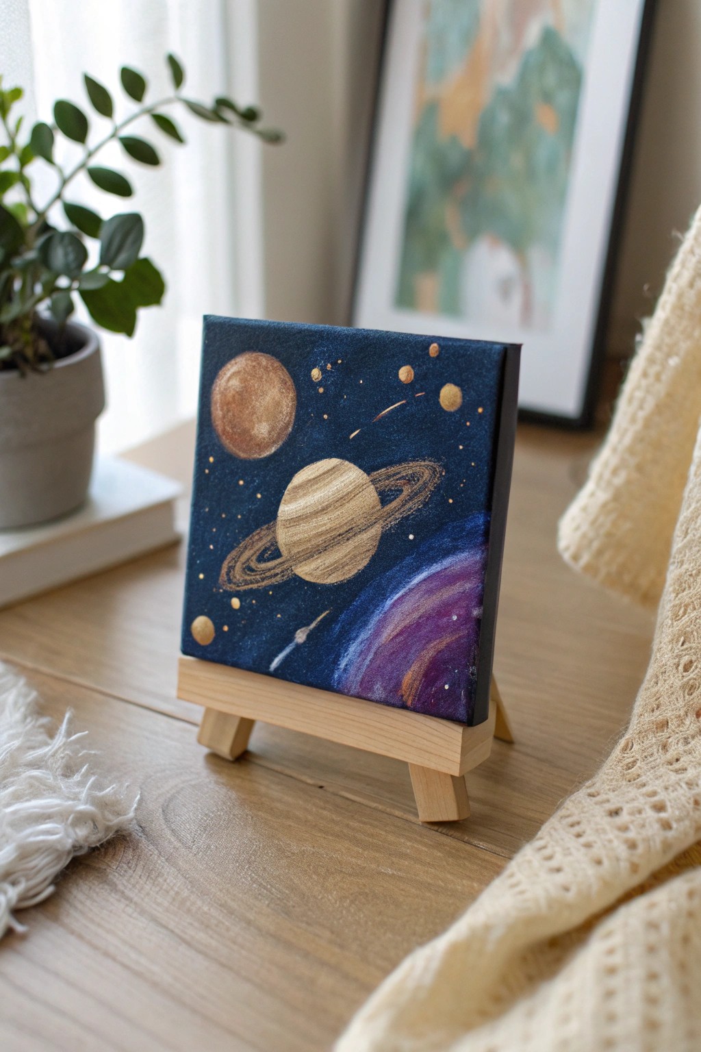 Bold metallic planets on a cosmic canvas—minimalist art with a celestial shimmer.
