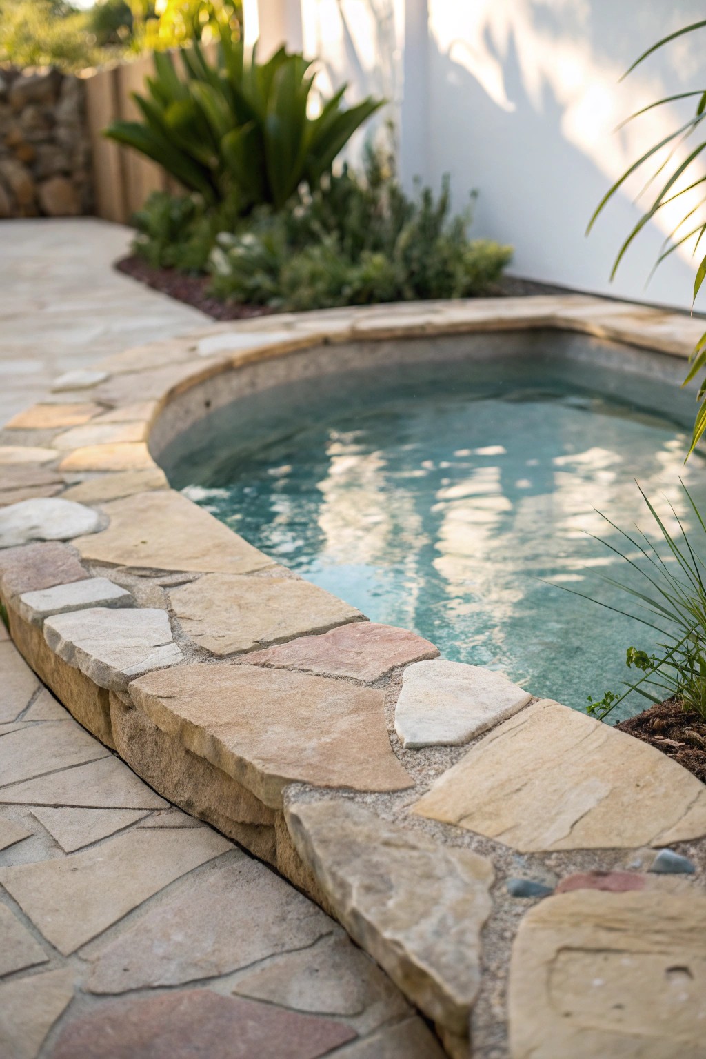 Timeless beauty: a small pool gracefully bordered with natural flagstone.