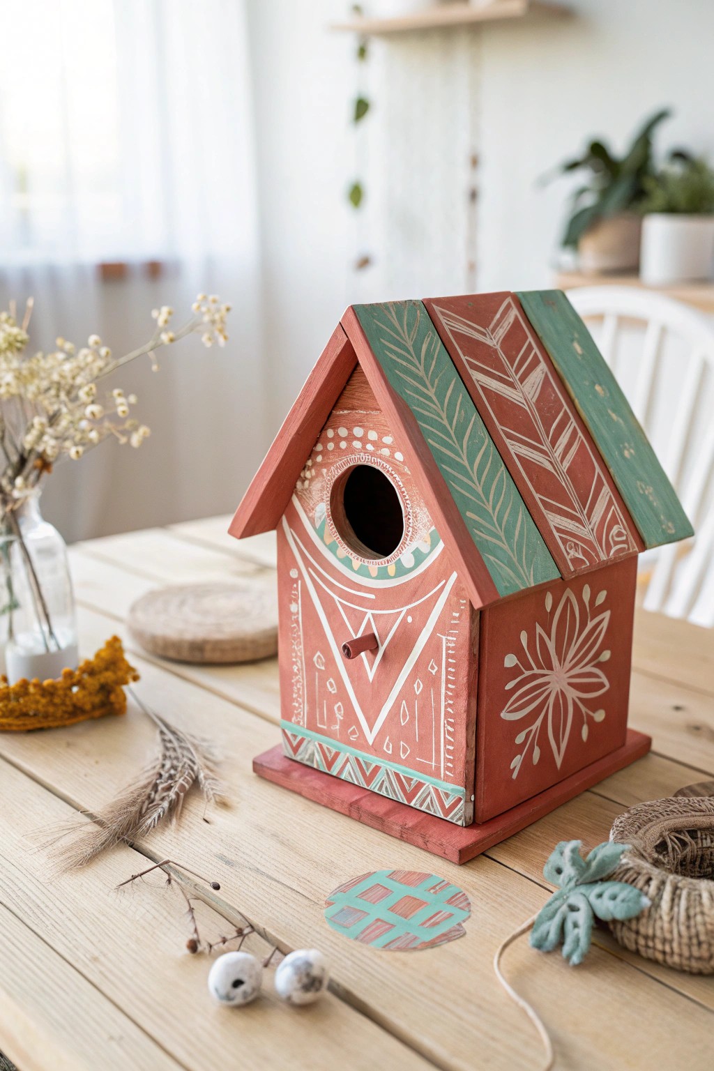 A whimsical, hand-painted birdhouse brings Scandinavian charm and springtime joy to your balcony.
