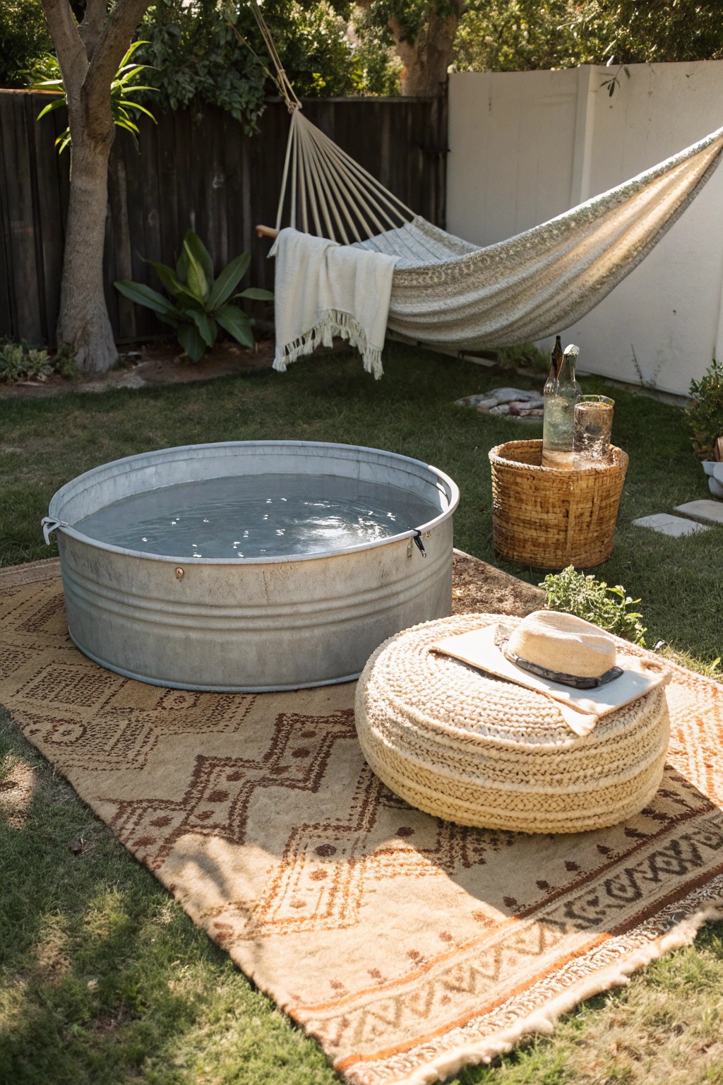 Serene boho vibes: a stock tank pool oasis with natural textures and sunlit simplicity.