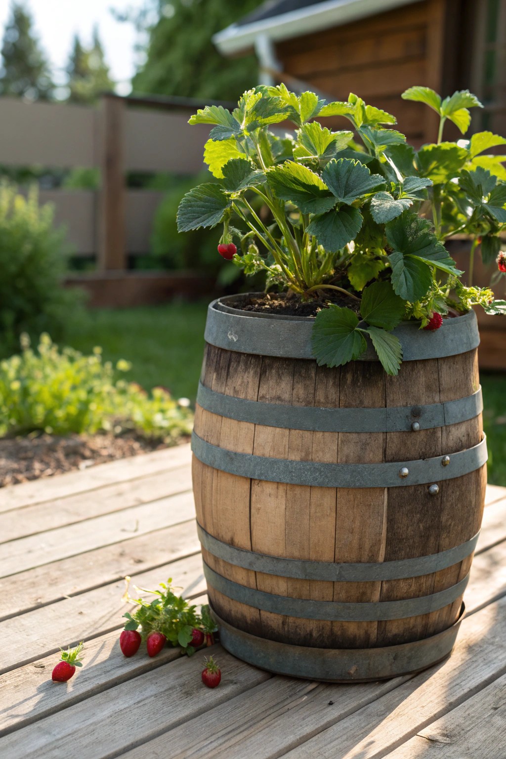 Rustic charm: A whiskey barrel bursting with homegrown strawberries.