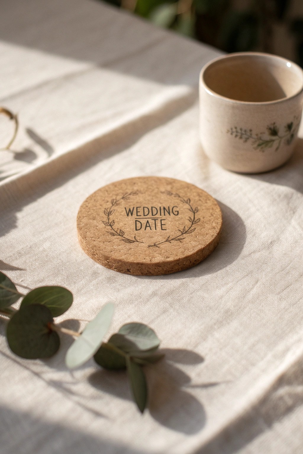 Personalized cork coasters: Practical, pretty, and perfect for your wedding tablescape.