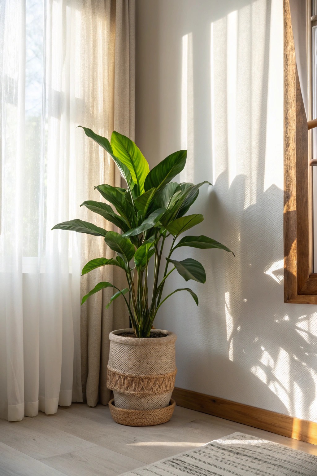 A statement plant transforms a cozy living room with natural beauty.
