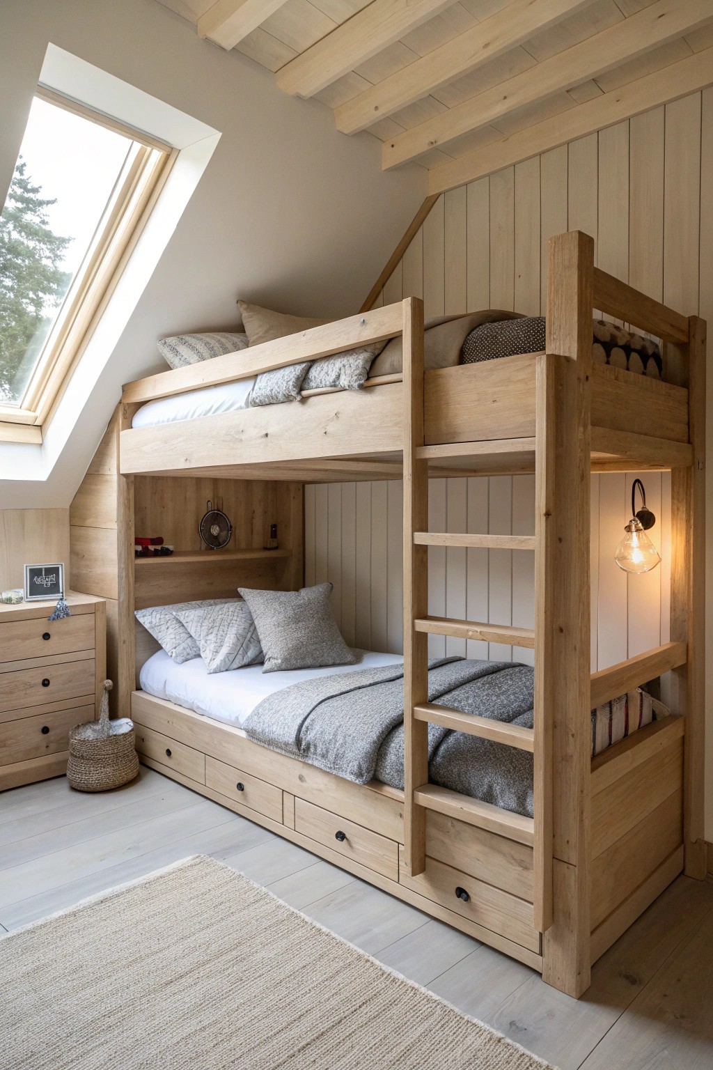 Charming built-in bunk beds—perfect for cozy attic sleepovers.