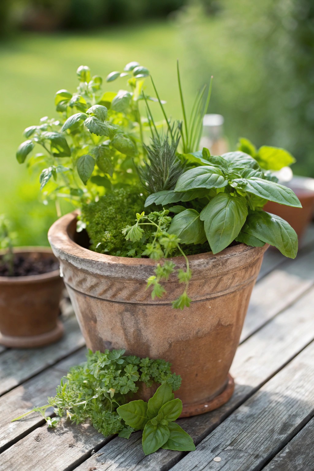 A simple terra-cotta pot brings fresh herbs and timeless beauty to any backyard.