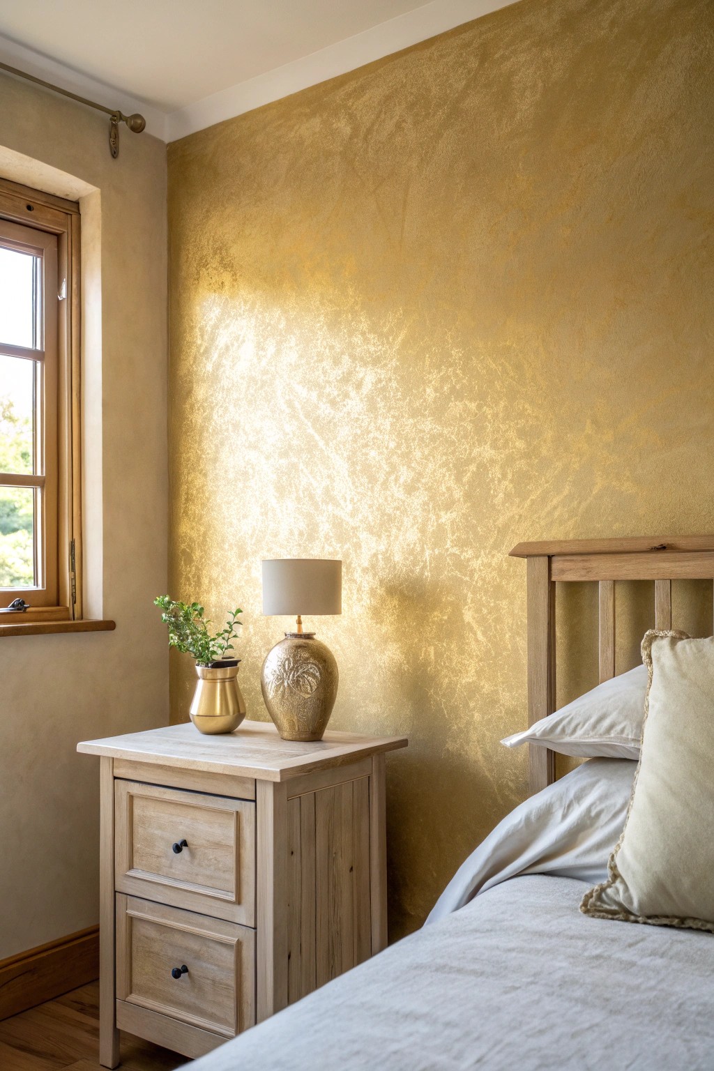 A brushed gold accent wall brings subtle glamour and natural warmth to a minimalist bedroom.