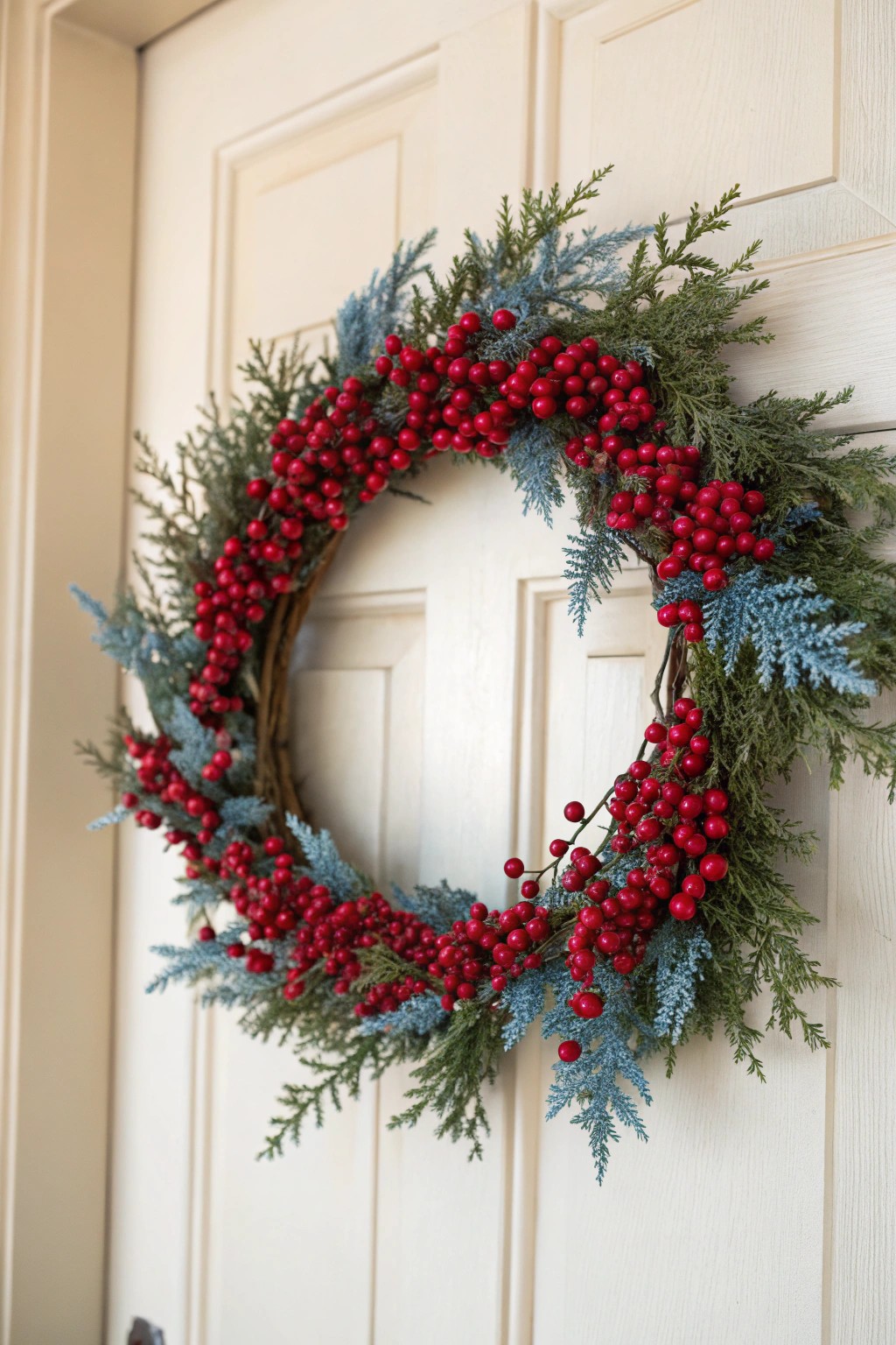 A pop of winter color: handcrafted wreath with red berries & blue juniper on a classic ivory door.
