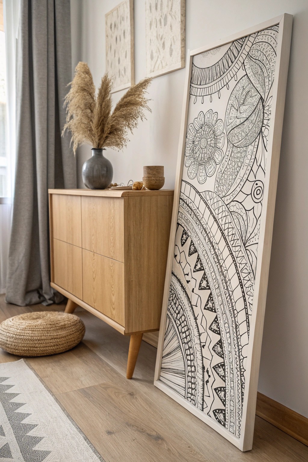 Add character to your space with a hand-drawn Zentangle accent wall—where creativity meets Scandinavian simplicity.