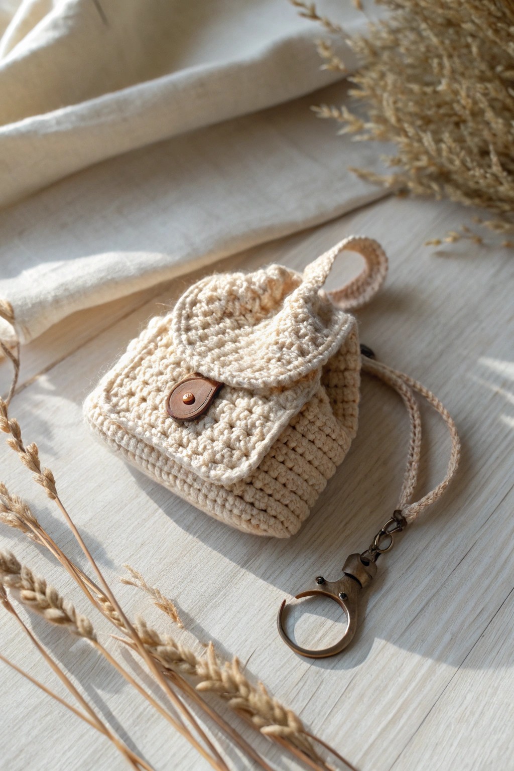 Chic and charming: the perfect mini crochet backpack keychain for understated style.