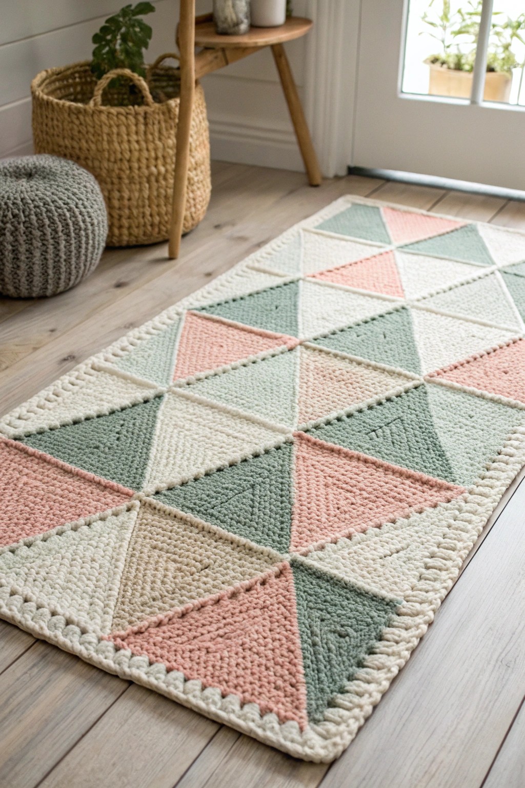 Bring modern minimalism home with a handcrafted geometric crochet rug.