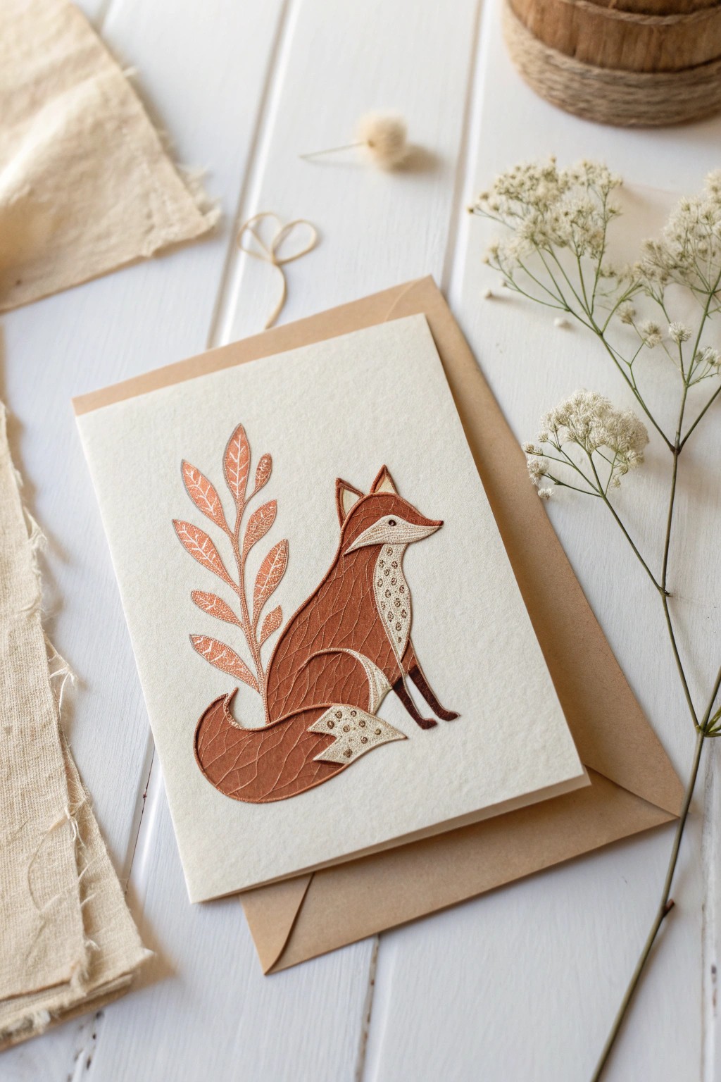 Charming fox-shaped card—Scandi-minimalist style with a hint of Boho flair.