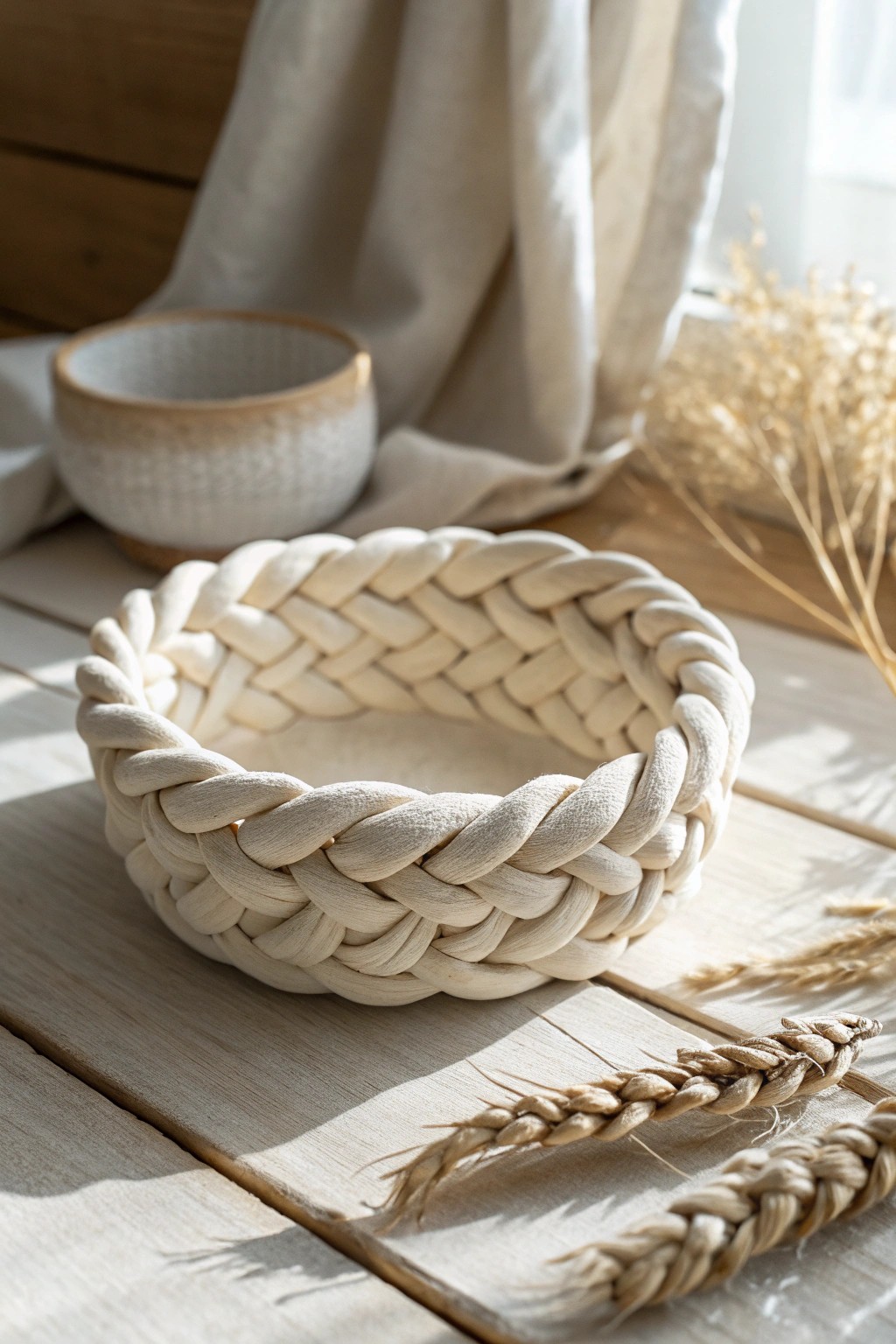 Chic simplicity—hand-braided clay bowl for your everyday treasures.
