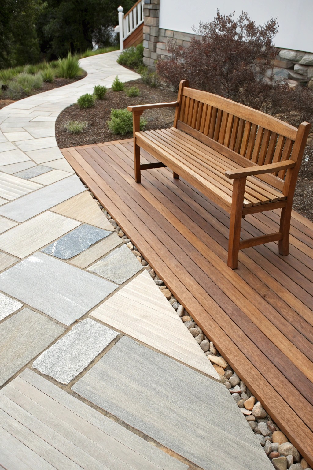 Effortless harmony: wood and stone in perfect balance on a serene deck.