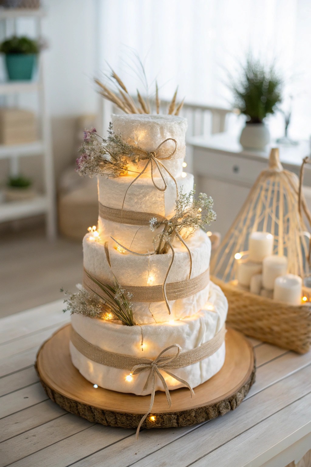 A glowing diaper cake: simple, chic, and full of cozy magic.