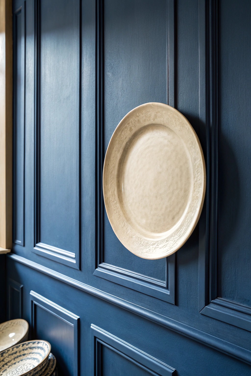 Elevate your dining room with a handcrafted plate against a bold, dramatic wall.